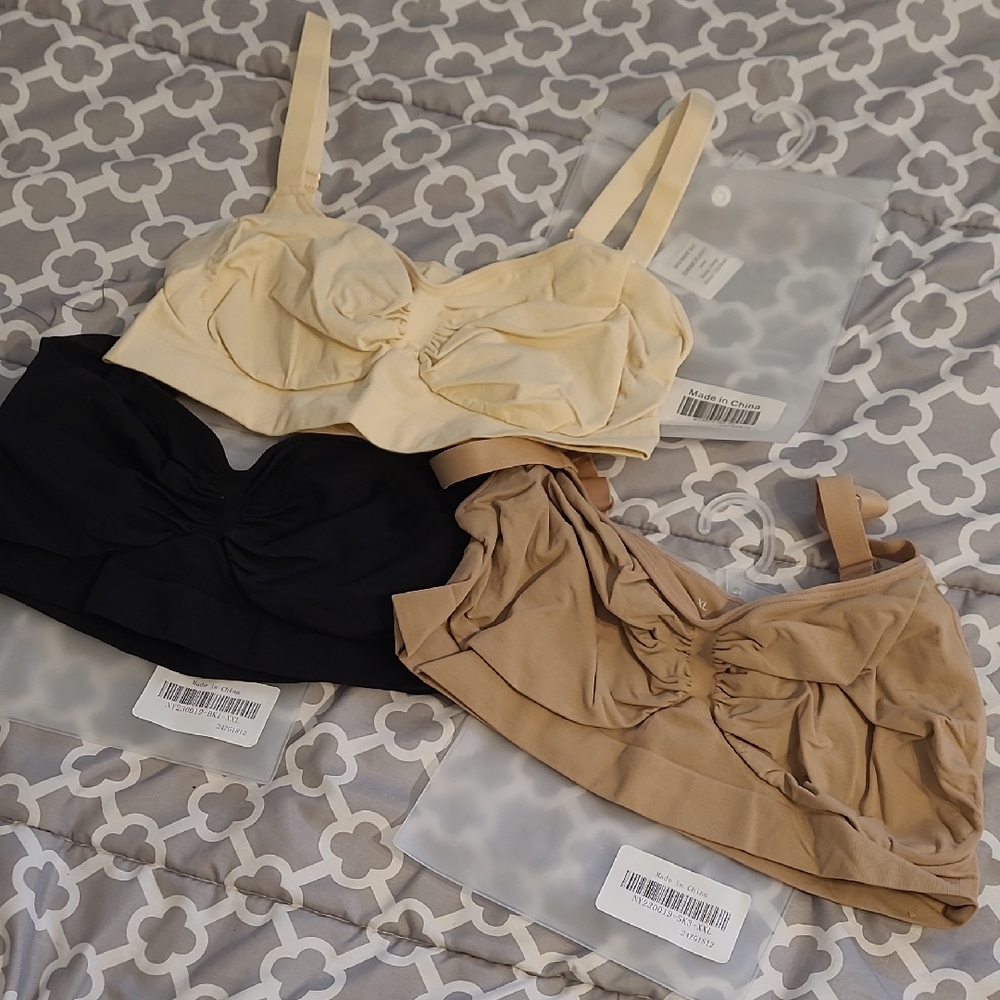 Set of Three Bralette Tops in Cream, Black, and Tan